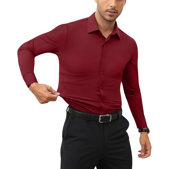 Men's Rose Long Sleeve Slim Muscle Fit Wrinkle Free Button Down Dress Shirts - Picture 7 of 9